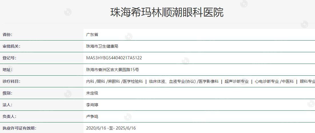 珠海希玛林顺潮眼科卫健委资料