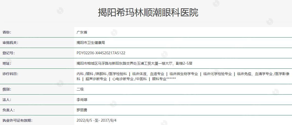 揭阳希玛林顺潮眼科医院卫健委资料